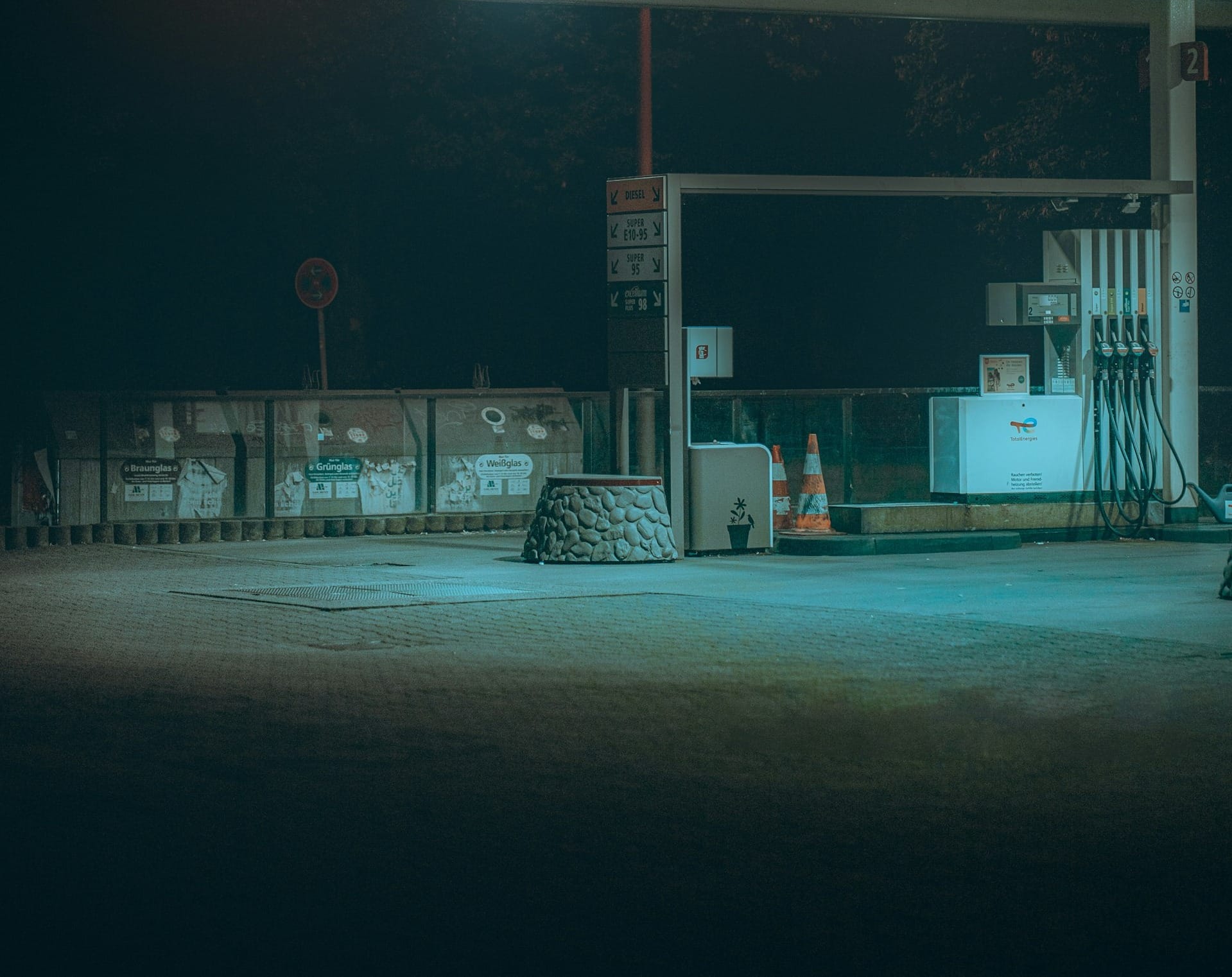 a gas station at night